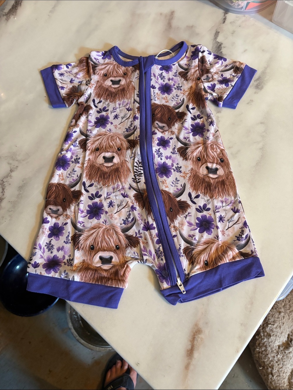 Purple Bamboo Floral Highland Cow Baby One-Piece